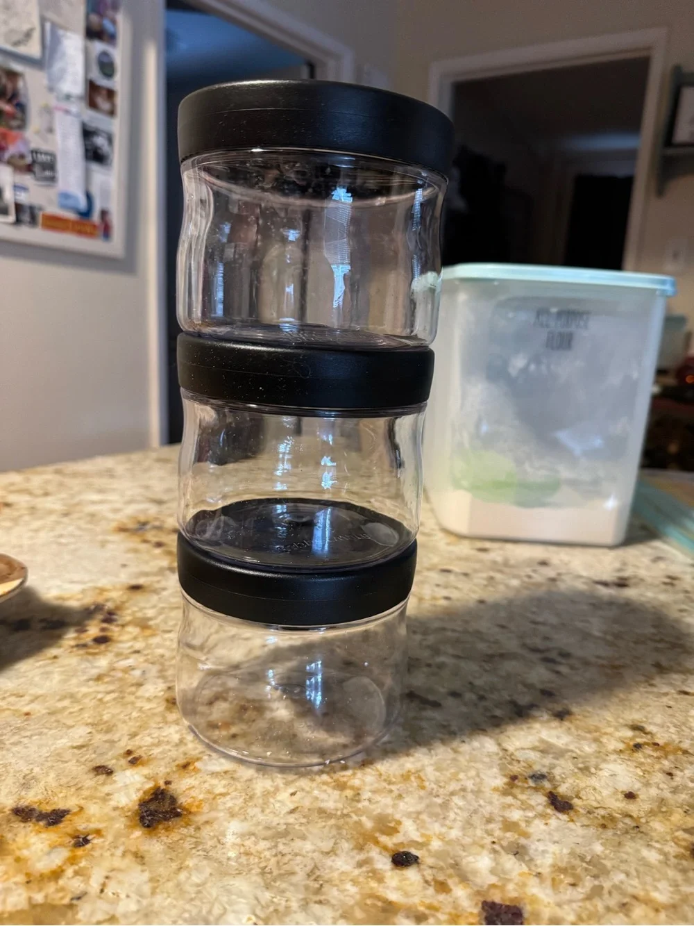Three-Piece Clearly elegant Stackable Storage Jars with Black Lids Tupperware